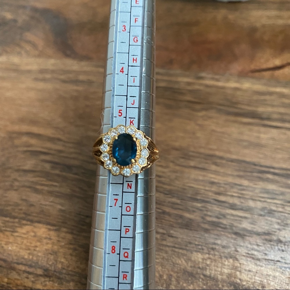 14k Yellow Gold Plated Blue & Clear Stone Flower Ring - Picture 12 of 15